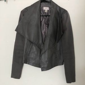 Leather jacket with knit sleeves